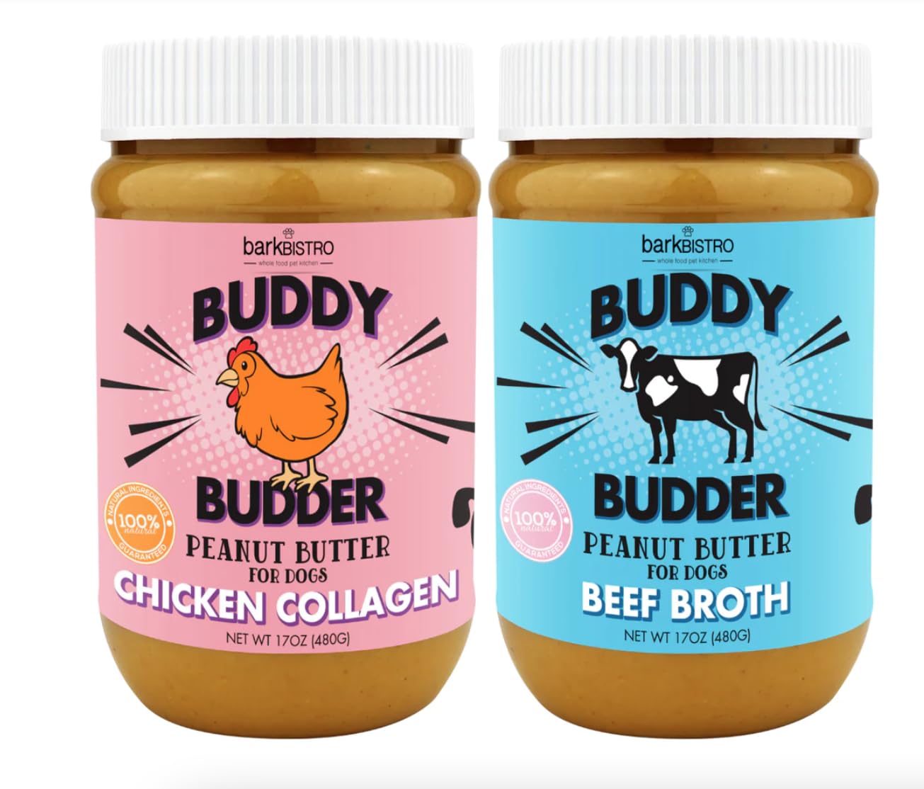 Buddy Budder beef broth peanut butter jar, a natural dog treat.