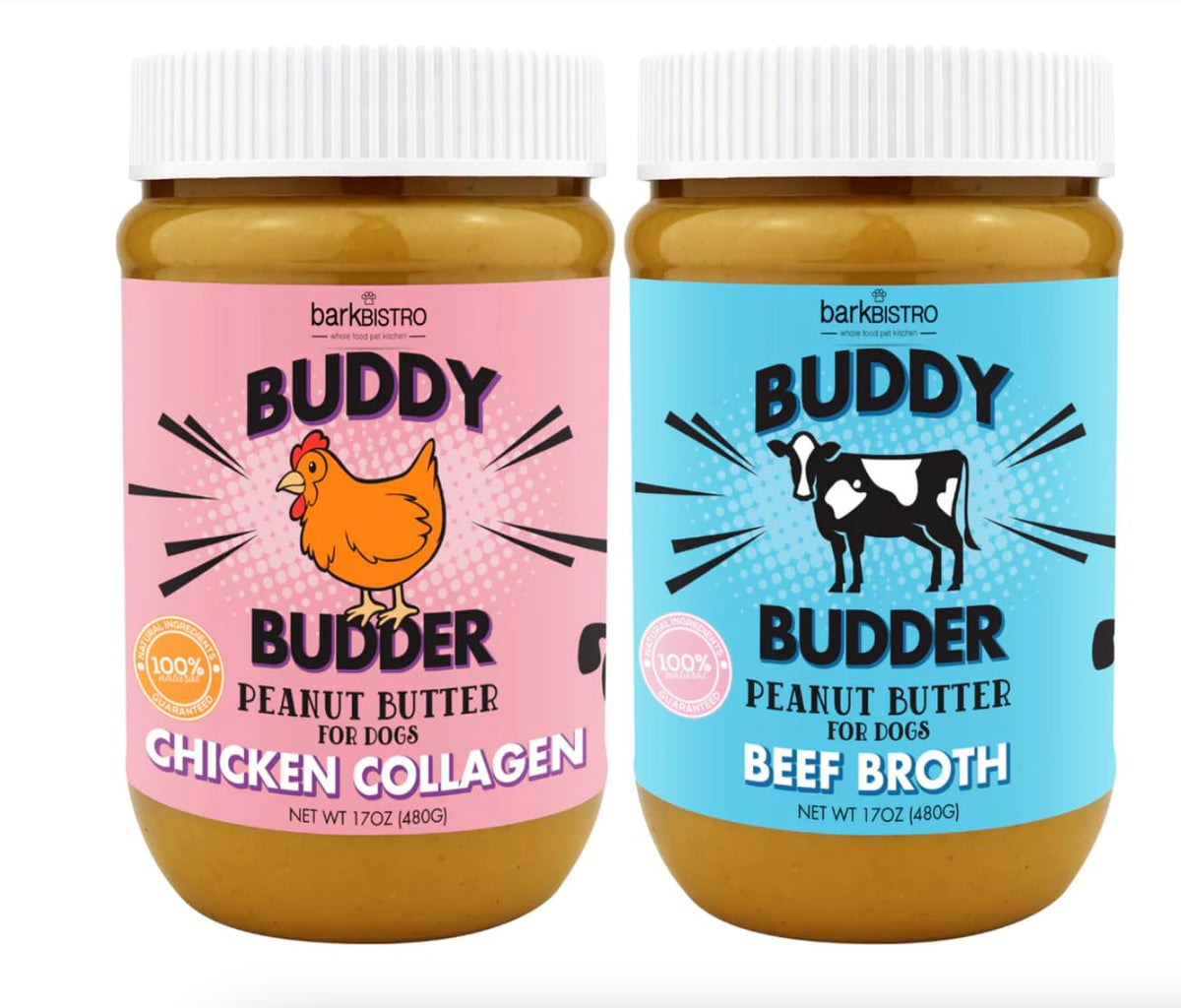 Buddy Budder beef broth peanut butter jar, a natural dog treat.