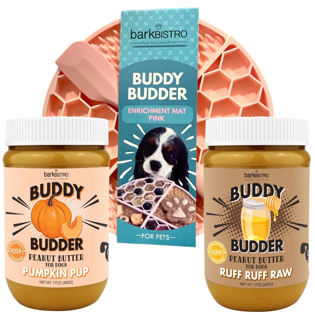 Buddy Budder Pumpkin Pup Enrichment Mat engages dogs during interactive feeding sessions.