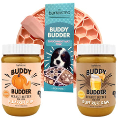 Buddy Budder Pumpkin Pup Enrichment Mat engages dogs during interactive feeding sessions.