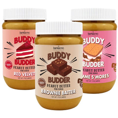 Buddy Budder Red Velvet jar, creamy peanut butter texture for quick dog treats.