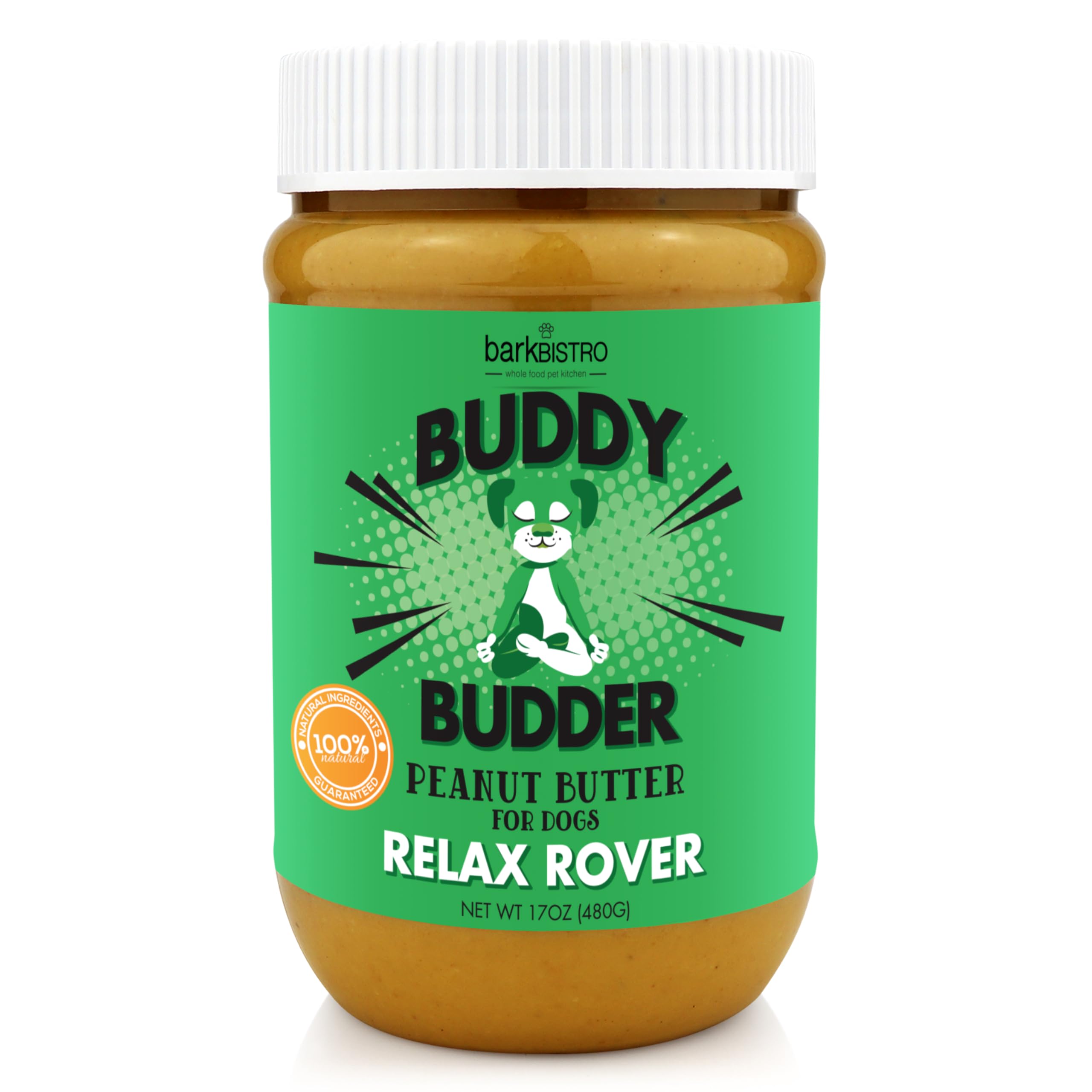 Buddy Budder Relax Rover jar—natural dog peanut butter for tasty rewards.
