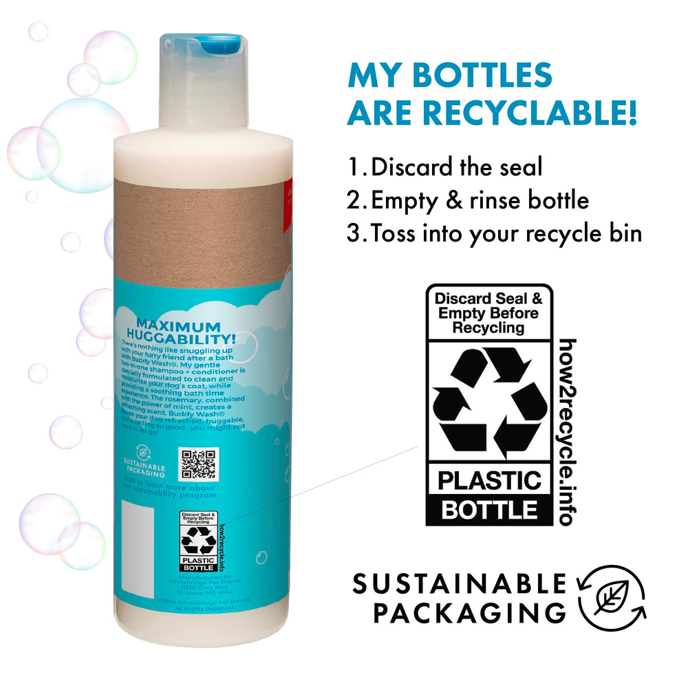 Buddy Grooming Wash recyclable bottle ready for eco-friendly disposal