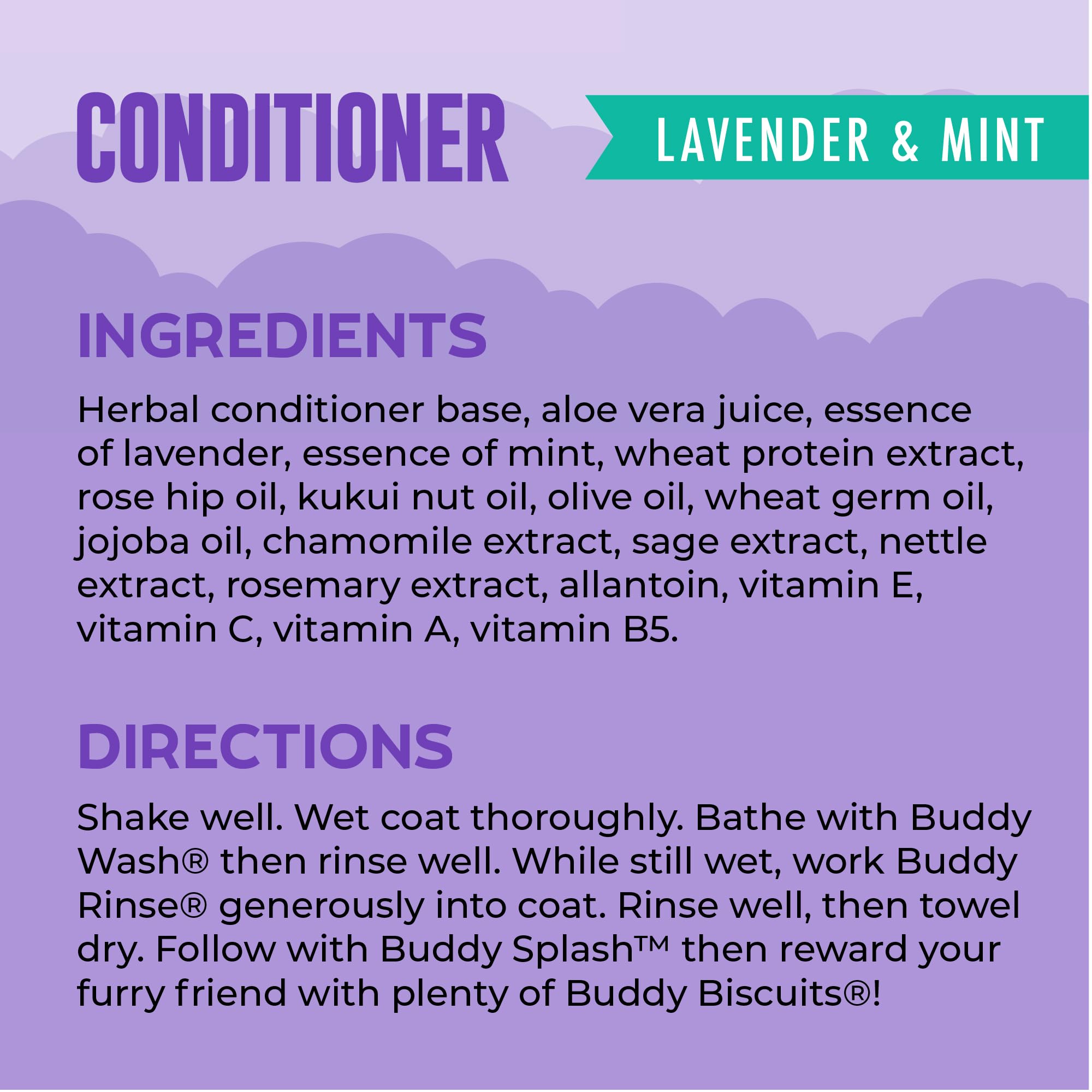 Buddy Rinse dog coat after-use soft sheen emphasizes moisturized fur.