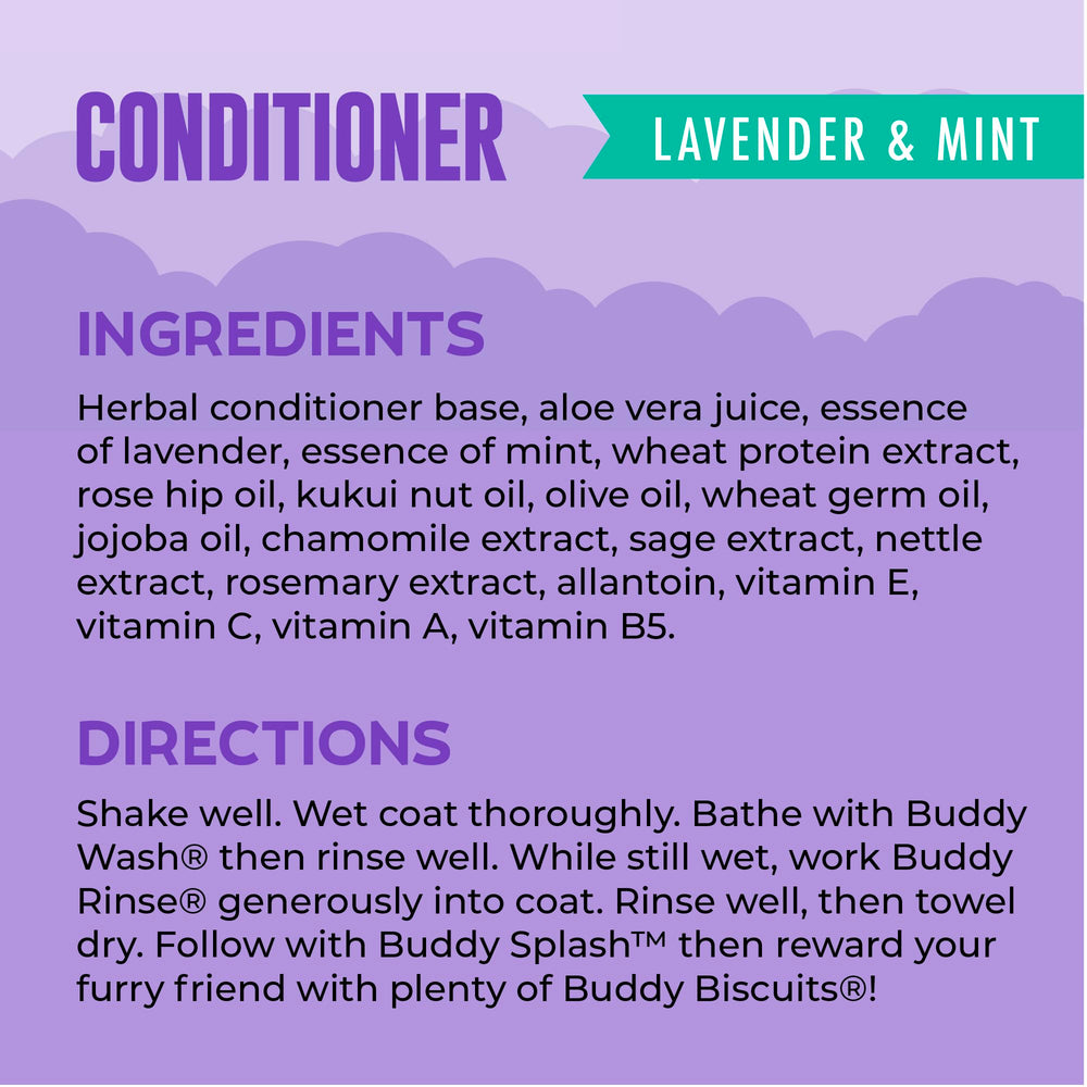 Buddy Rinse dog coat after-use soft sheen emphasizes moisturized fur.