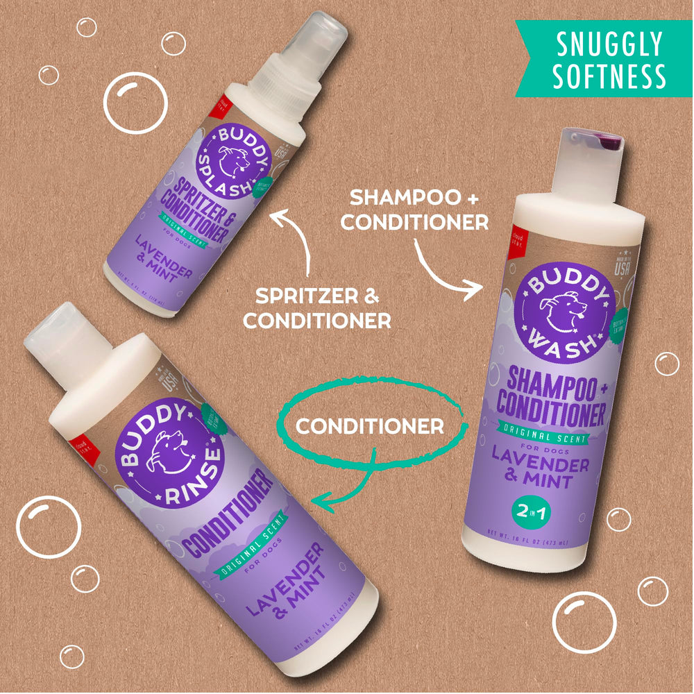 Buddy Rinse lavender mint detail on label suggests premium grooming experience.