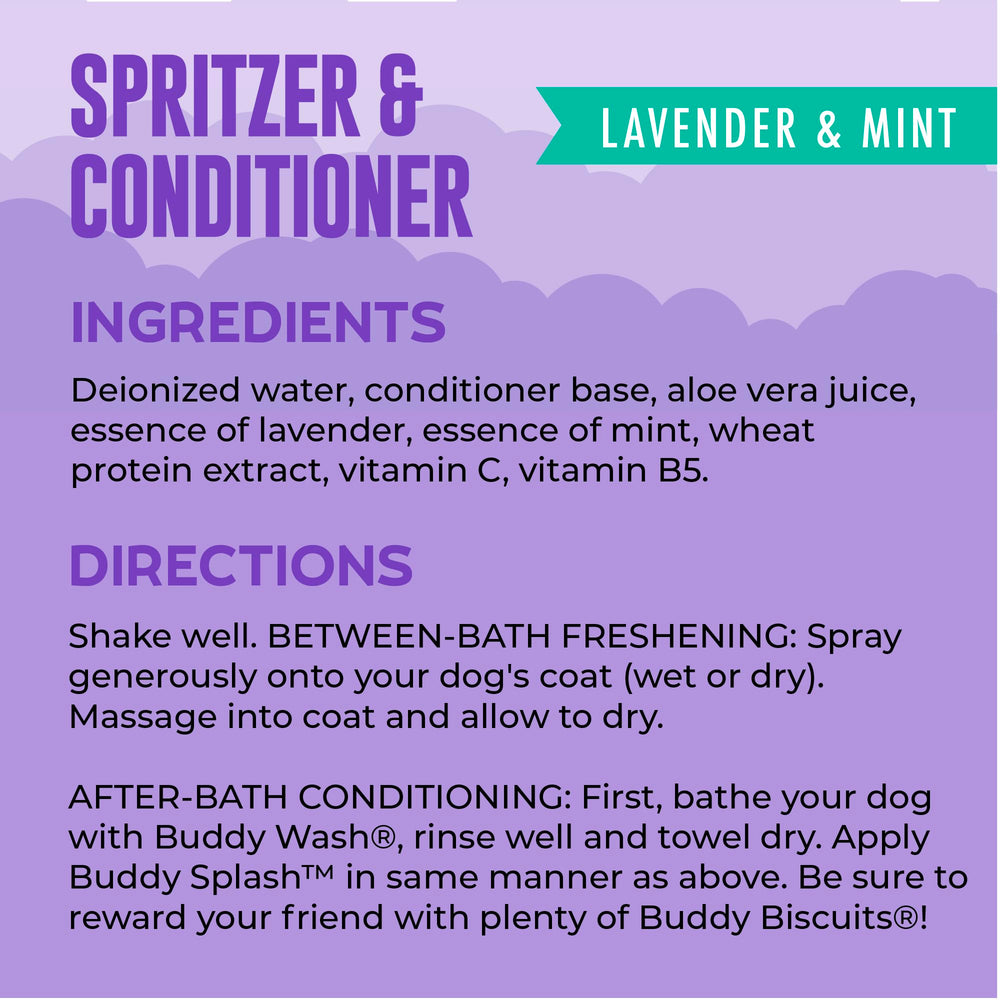 Buddy Splash Spritzer leave-in conditioner softens fur for smoother coats.