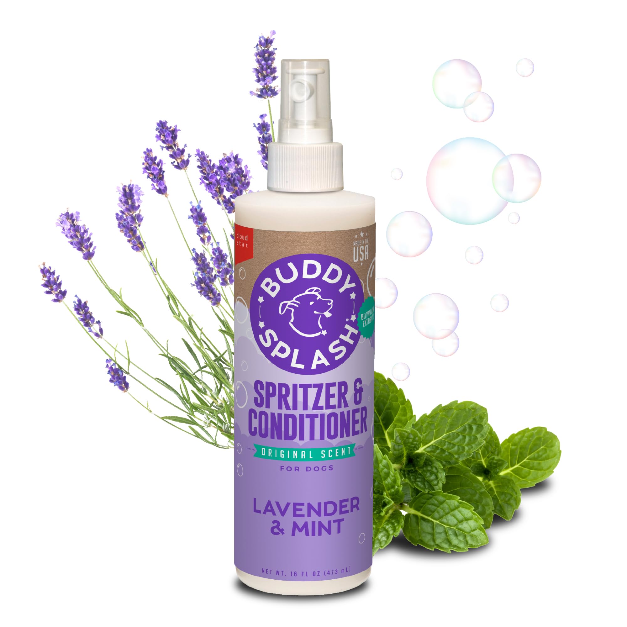 Buddy Splash Spritzer lavender-mint bottle provides a calming grooming session.