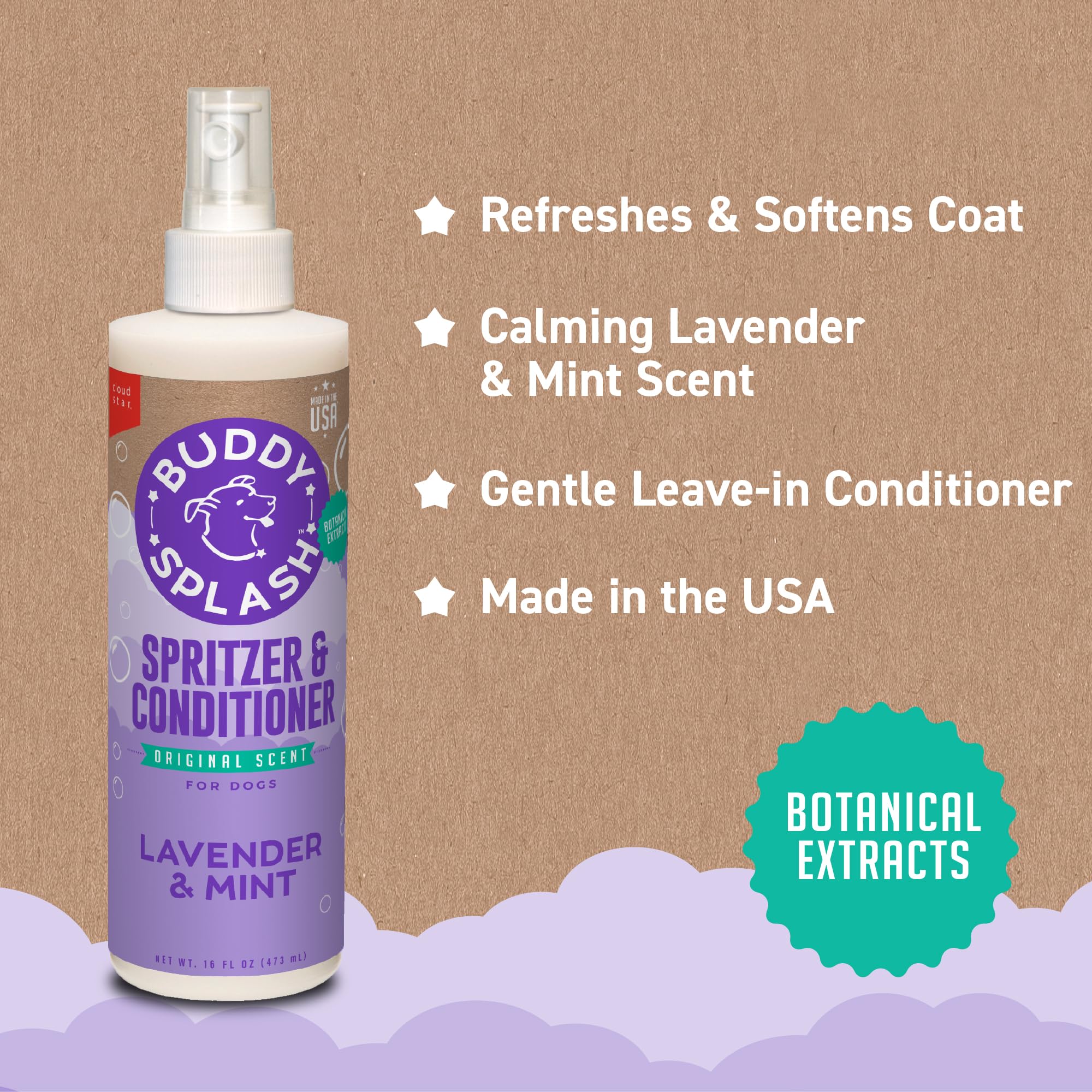 Buddy Splash Spritzer between-bath spray for quick coat refresh.