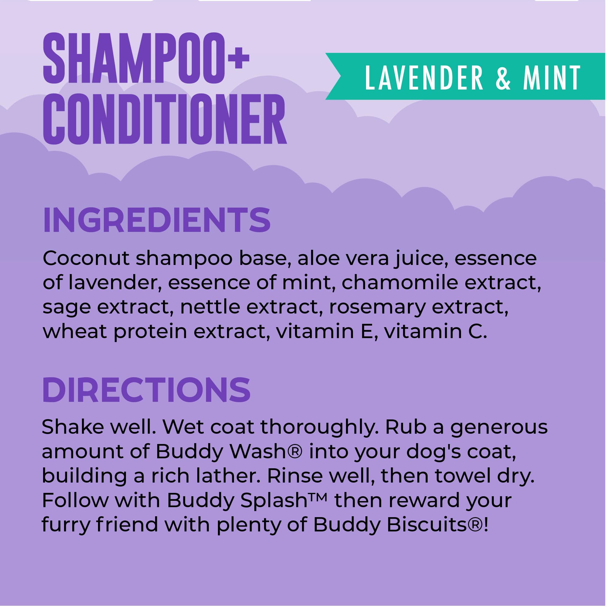 Calming lavender mint scent on coat after Buddy Wash apply.