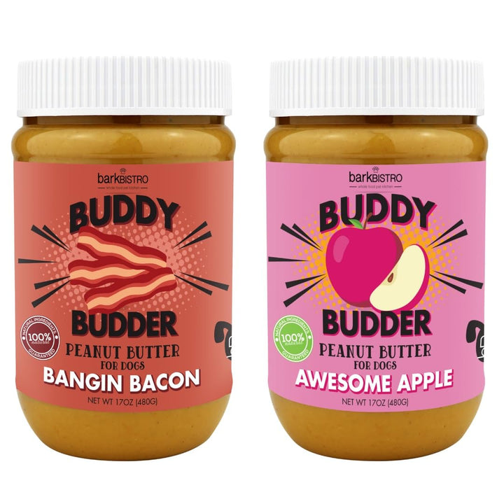 Buddy Budder Awesome Apple peanut butter jar label highlights natural ingredients for healthy dog snacking