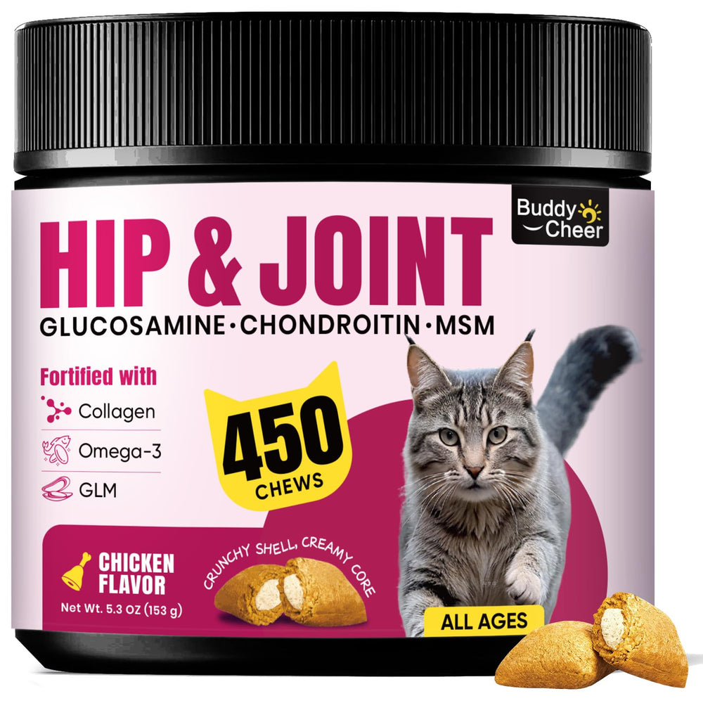 BuddyCheer glucosamine for cats bottle showing joint care and mobility support for aging felines