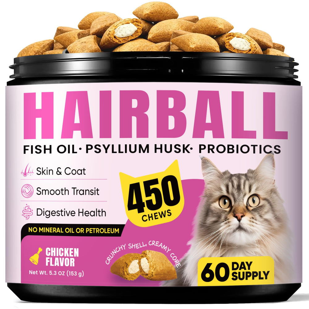 BuddyCheer hairball treats with center-filled chicken for smoother gut passage.