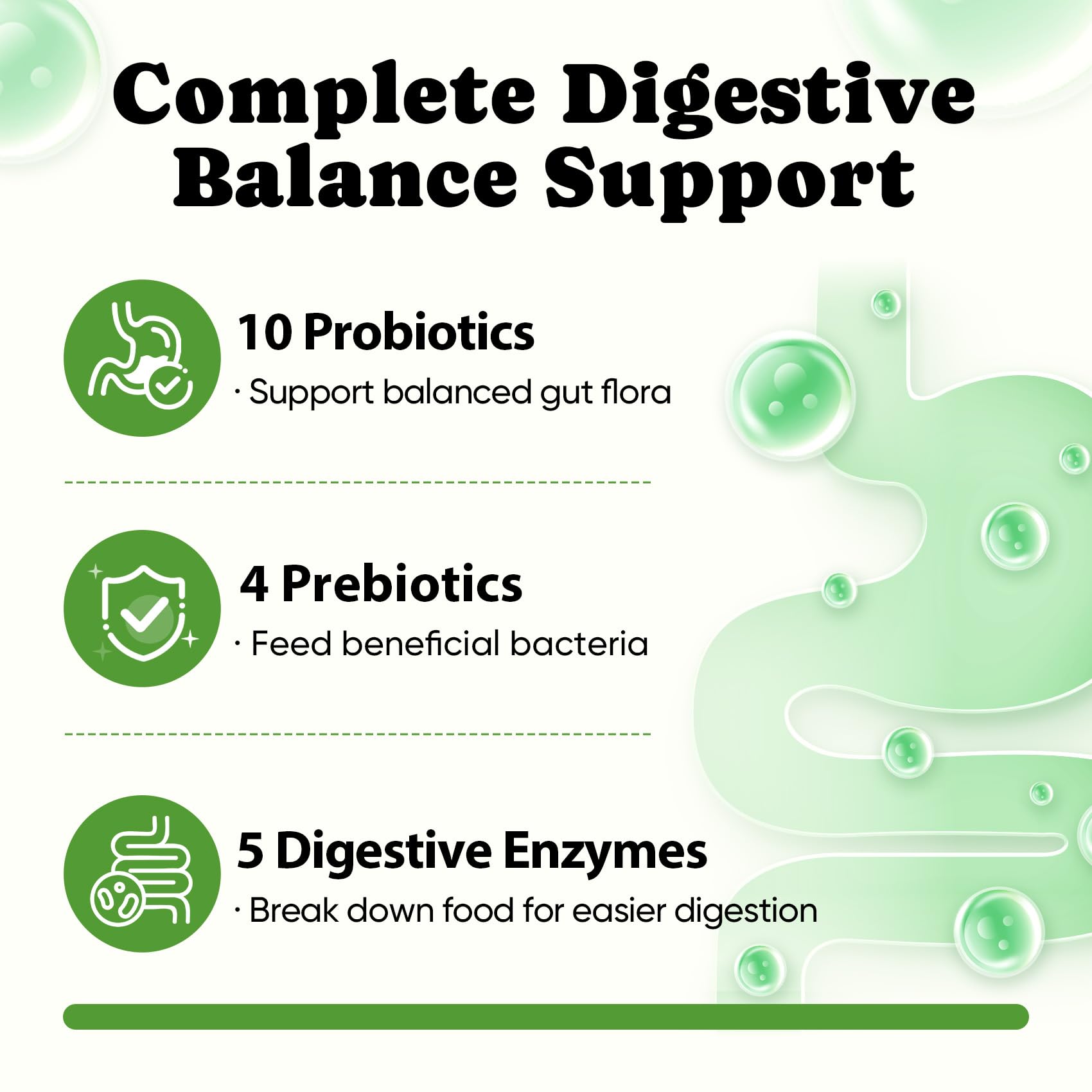 BuddyCheer Probiotics for Dogs bottle back highlights the 4 prebiotics and 5 enzymes.