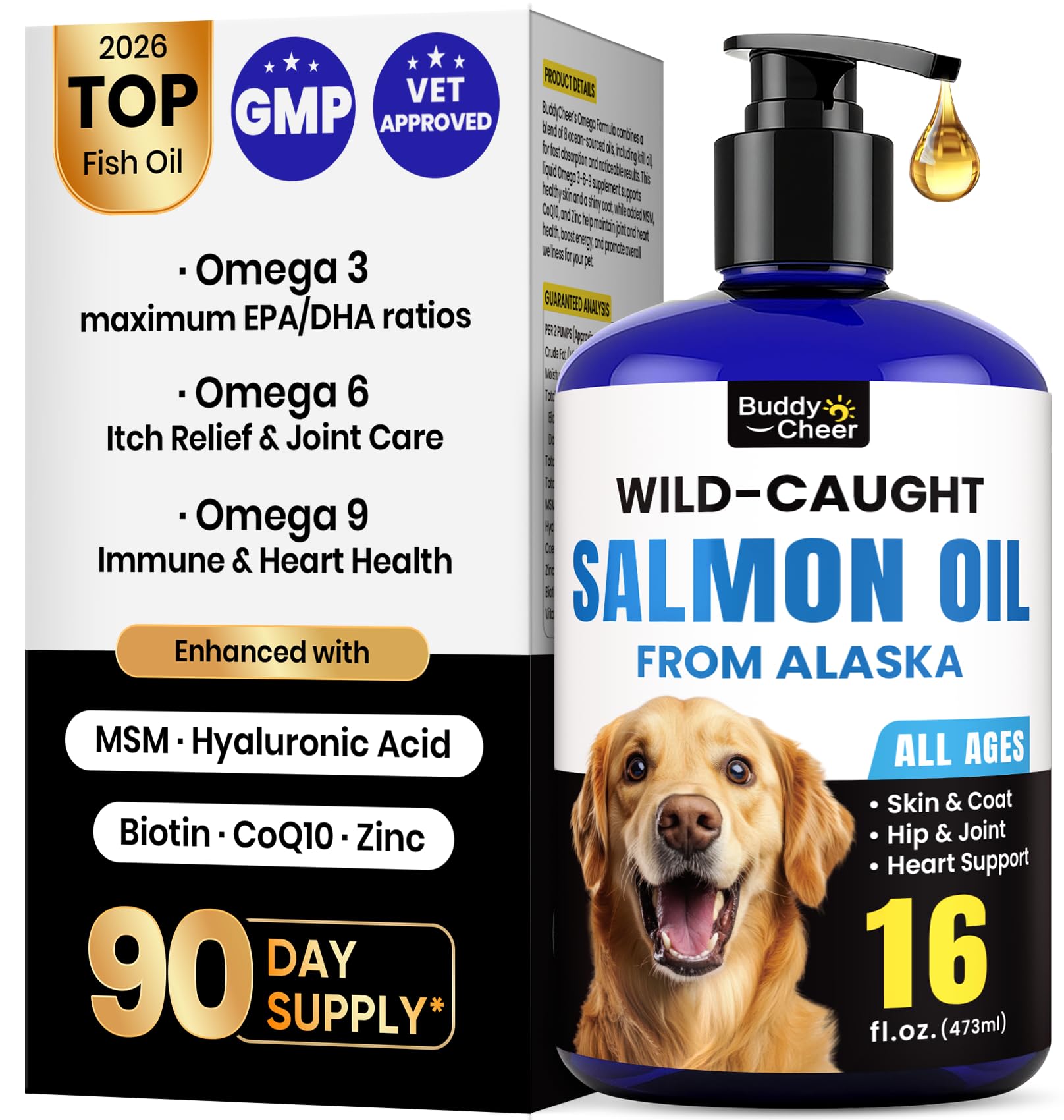 BuddyCheer Wild Salmon Oil bottle showing premium pet fish oil for healthy skin and coat
