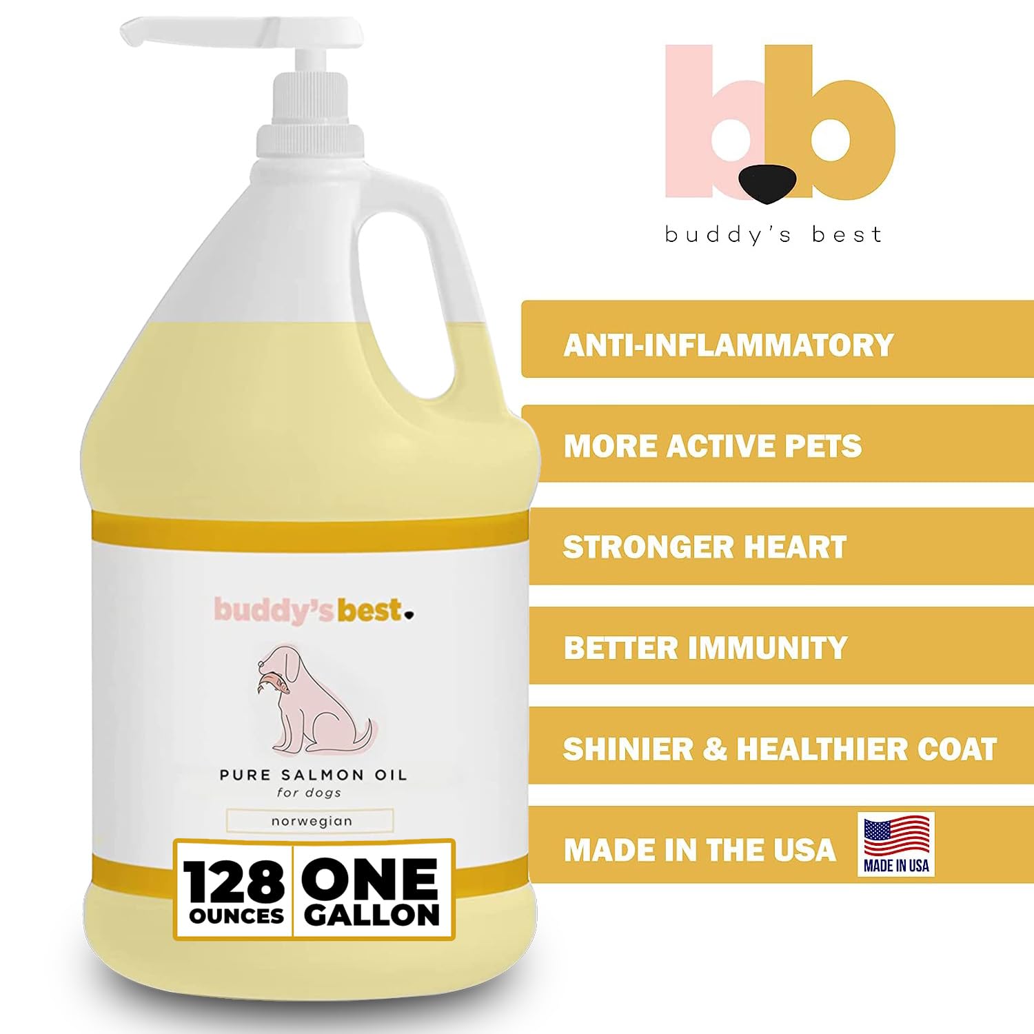 Buddy's Best salmon oil bottle close-up highlights the odorless formula for pets