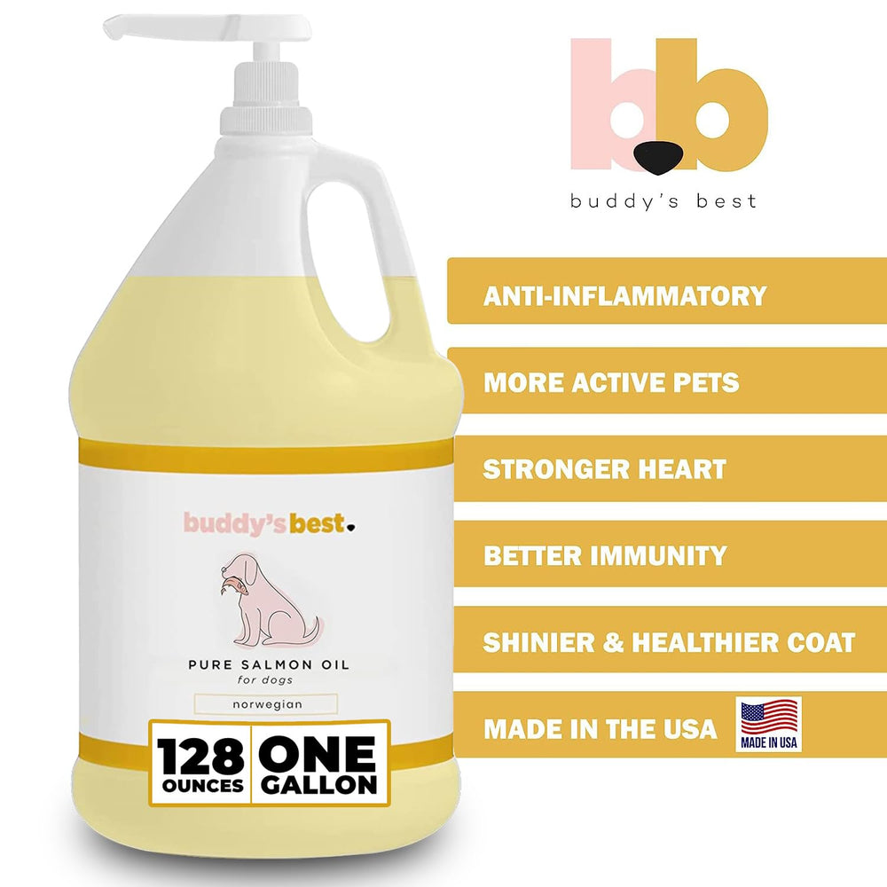 Buddy's Best salmon oil bottle close-up highlights the odorless formula for pets