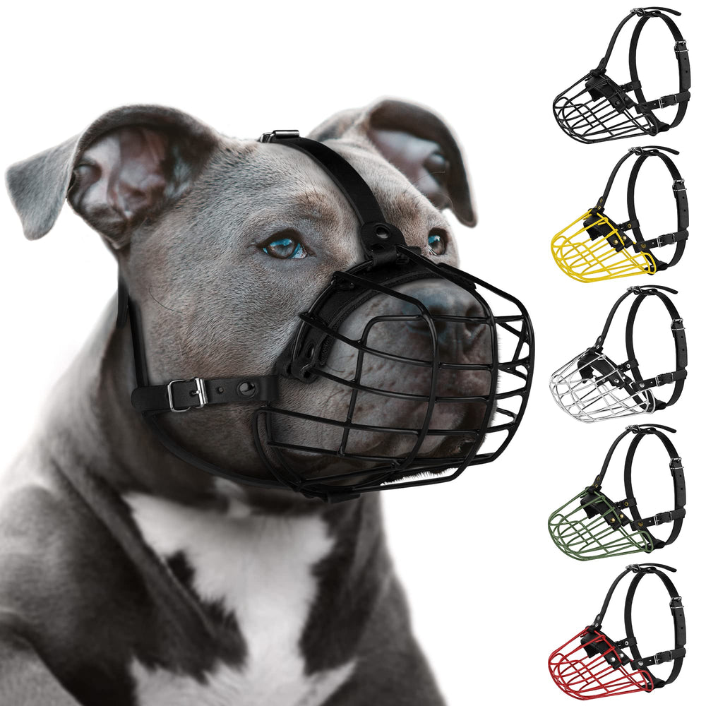 Budkas Pitbull Muzzle with metal mask and breathable wire basket for safety.