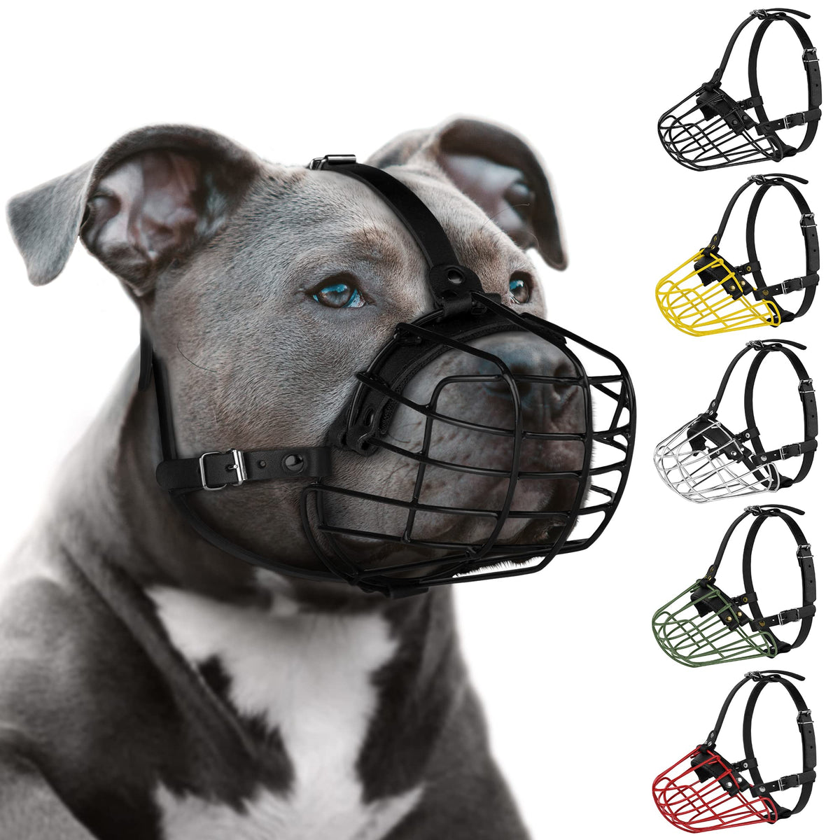 Budkas Pitbull Muzzle with metal mask and breathable wire basket for safety.
