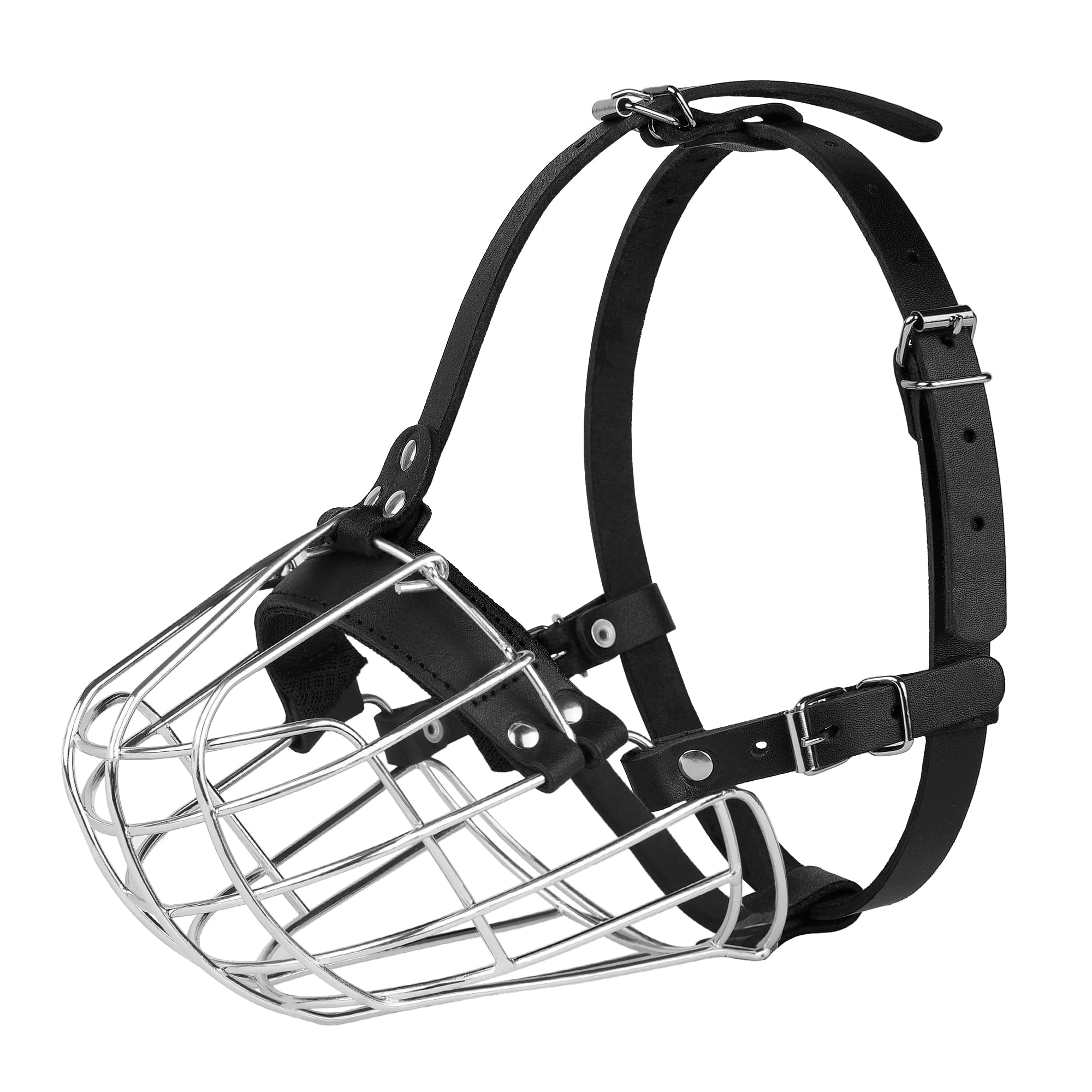 BUDKAS Pitbull muzzle with wire basket for breathable airflow.