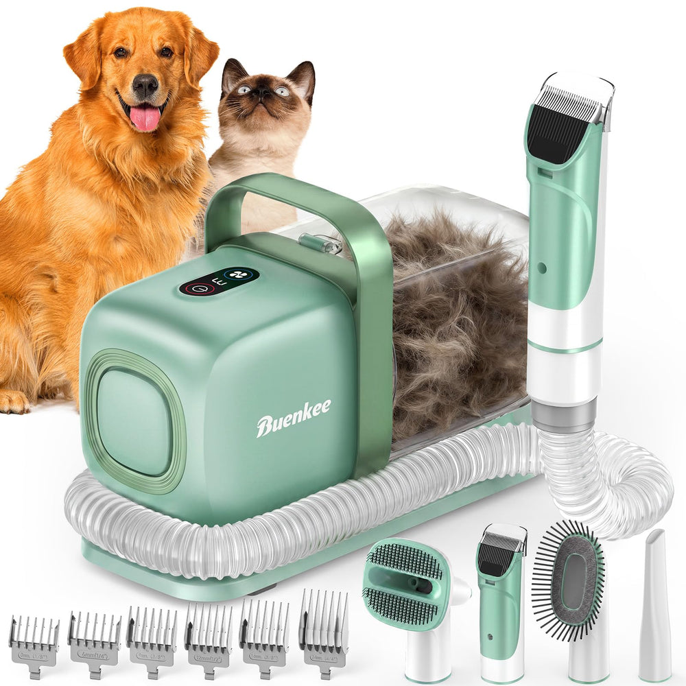 Buenkee dog grooming kit with vacuum captures loose fur during grooming