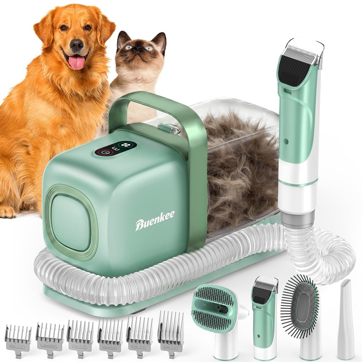 Buenkee dog grooming kit with vacuum captures loose fur during grooming
