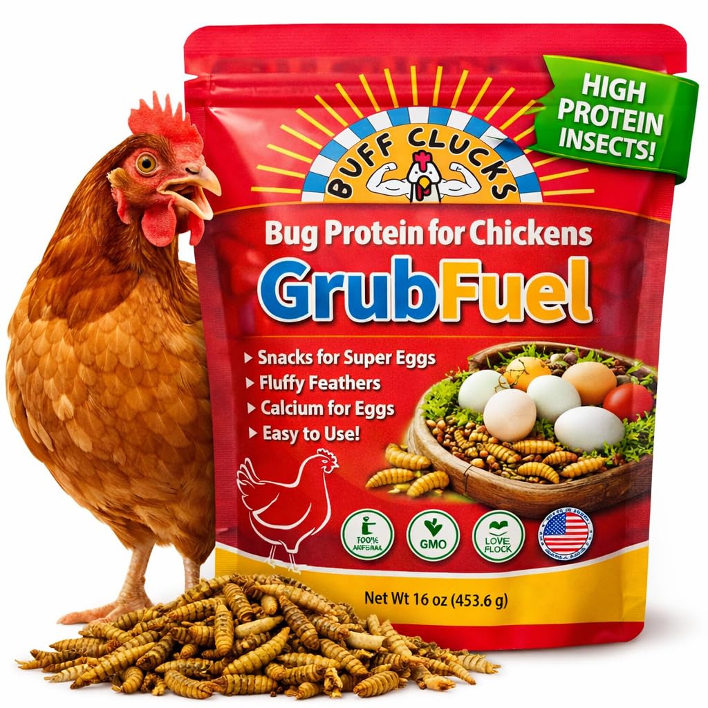 Buff Clucks GrubFuel 1lb bag front, a protein rich poultry snack for healthy hens.