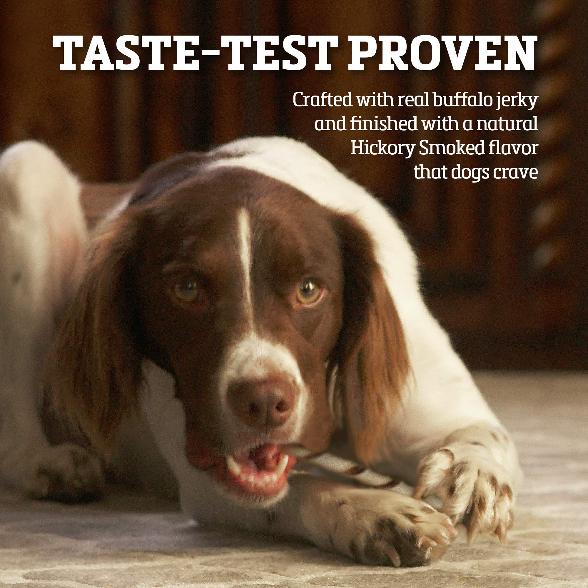 Buffalo Range hickory-smoked chews offer savory reward during training.