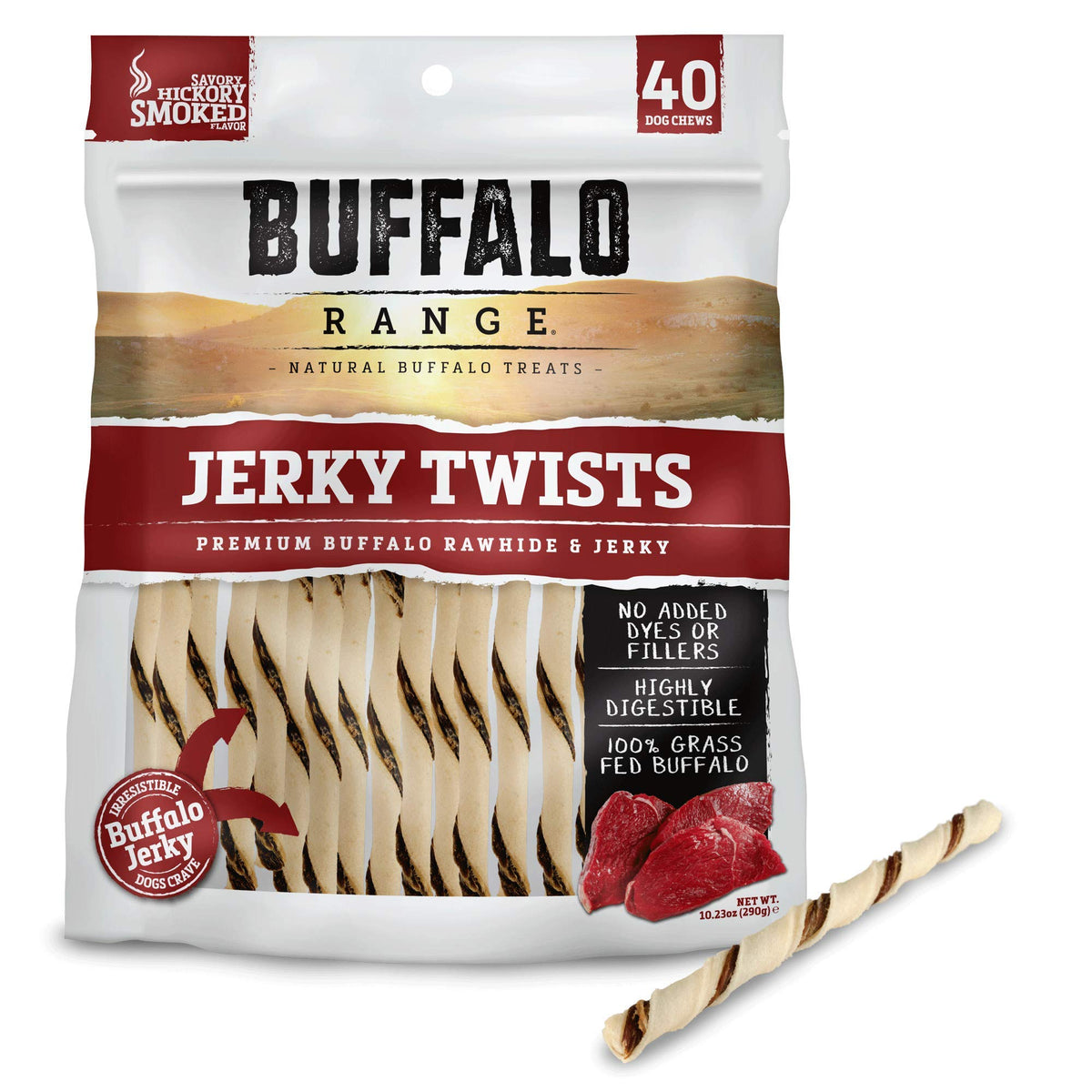 Buffalo Range jerky twist with grass-fed buffalo for long-lasting chewing.