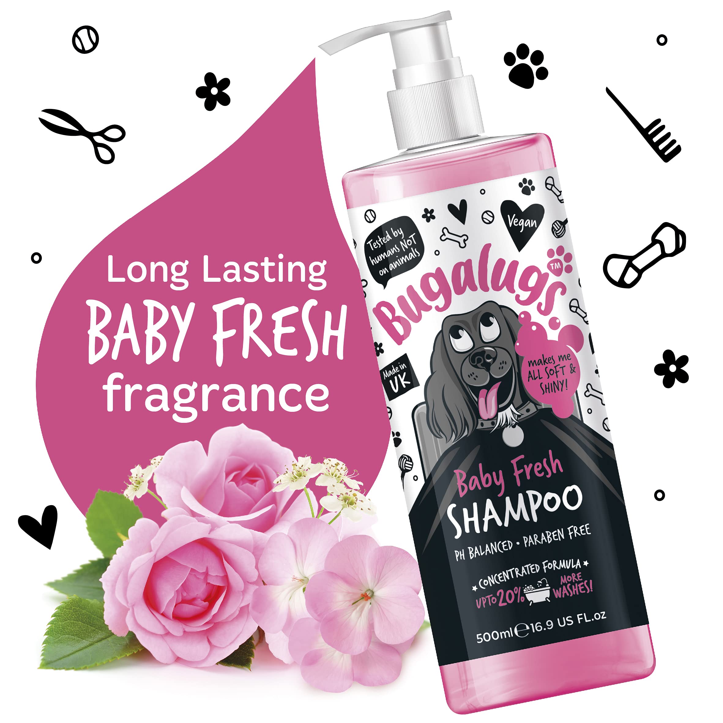 BUGALUGS Baby Fresh Shampoo label close-up highlights baby powder scent.