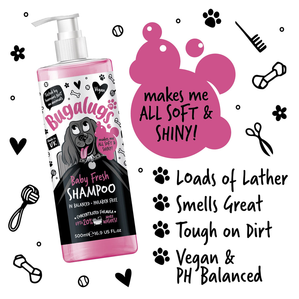 BUGALUGS Baby Fresh Shampoo puppy bath scene shows gentle cleansing.