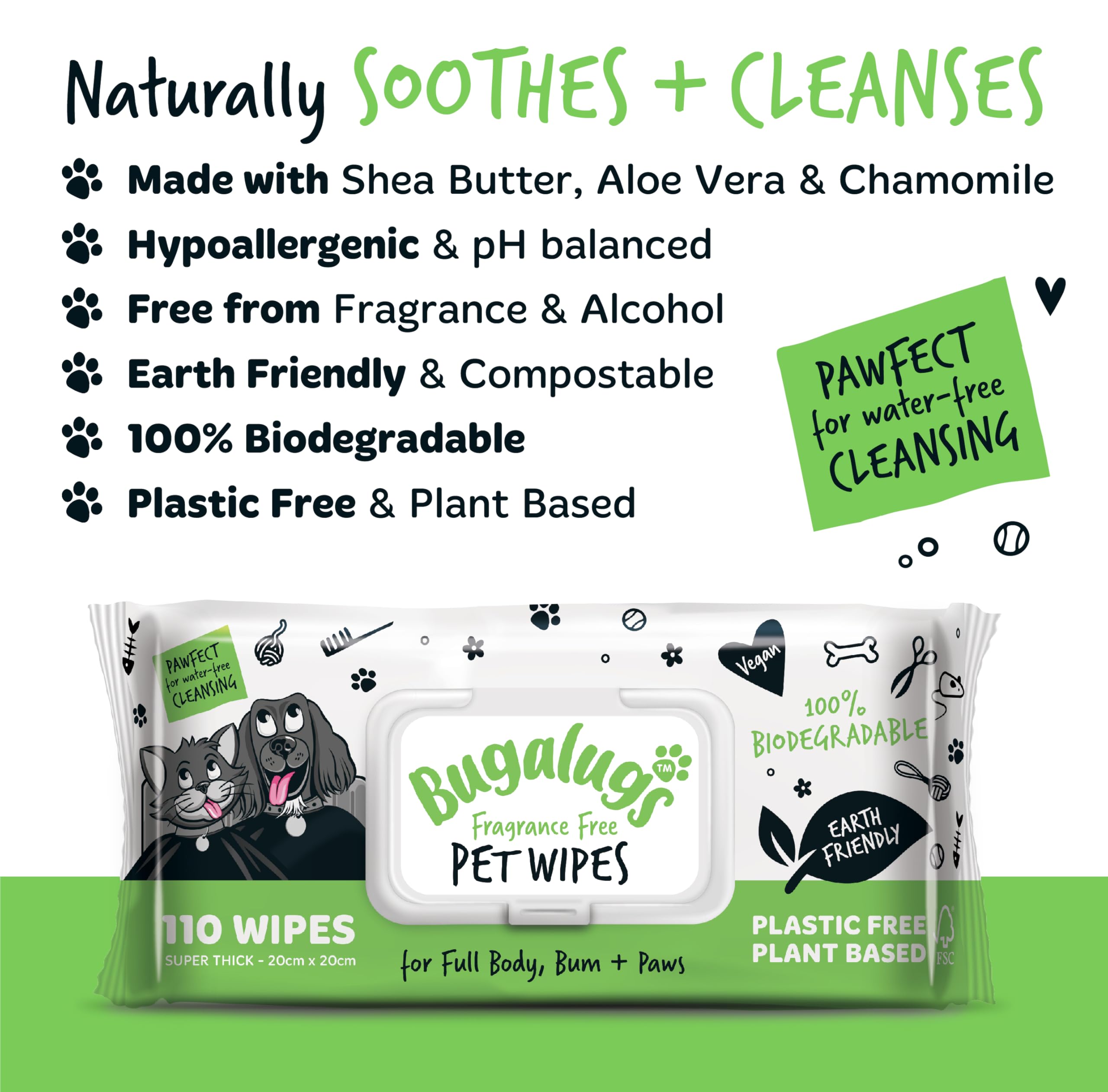 BUGALUGS wipes for eyes and ears care on a pet’s face.