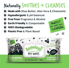 BUGALUGS wipes for eyes and ears care on a pet’s face.