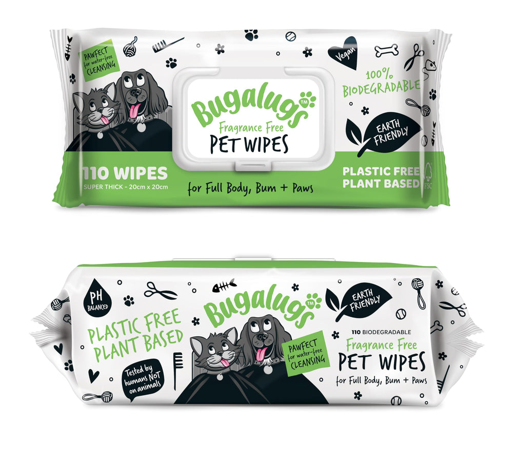 BUGALUGS dog wipes with resealable lid for easy, water-free full-body cleaning.