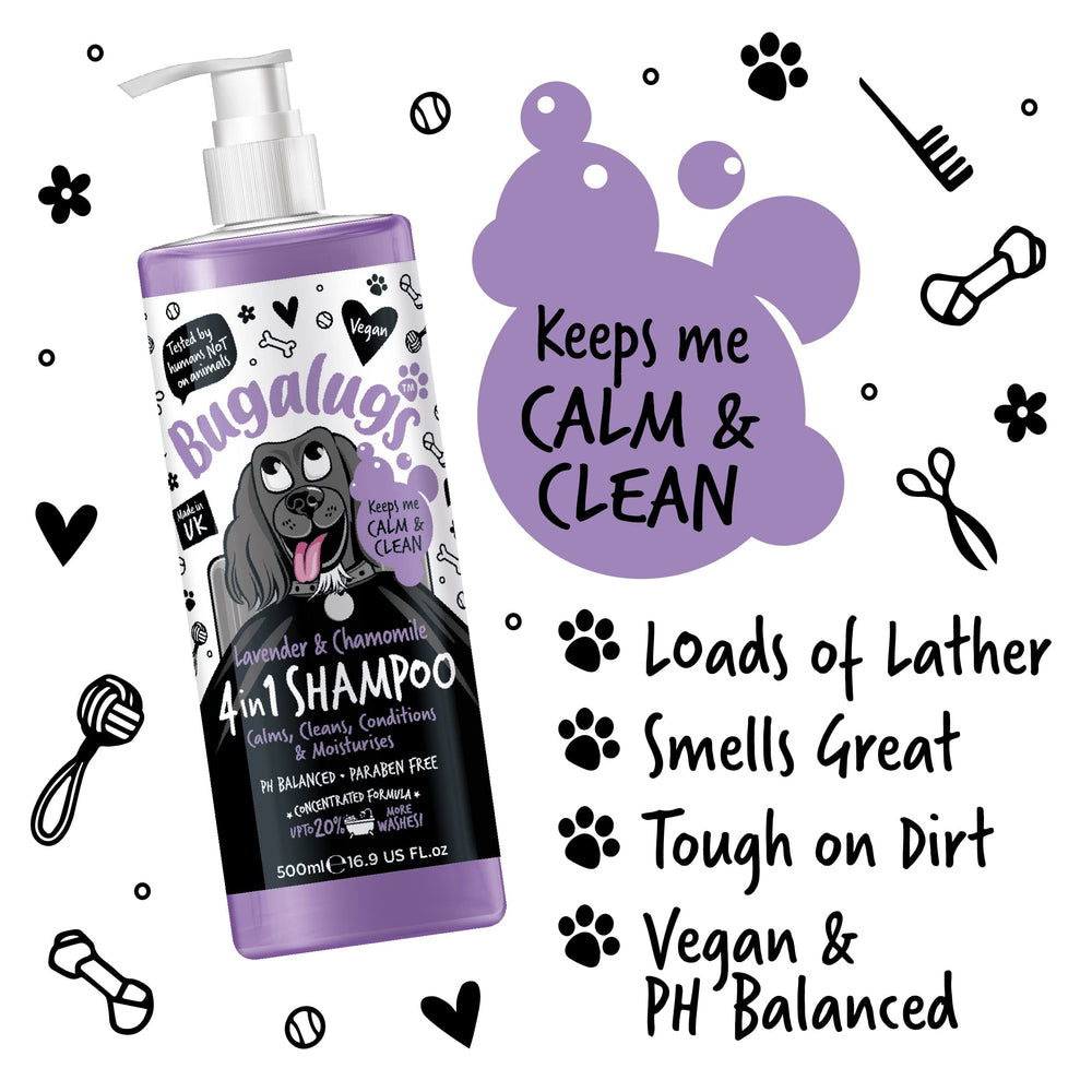 Bugalugs lavender-chamomile coat soothing effect on sensitive skin.