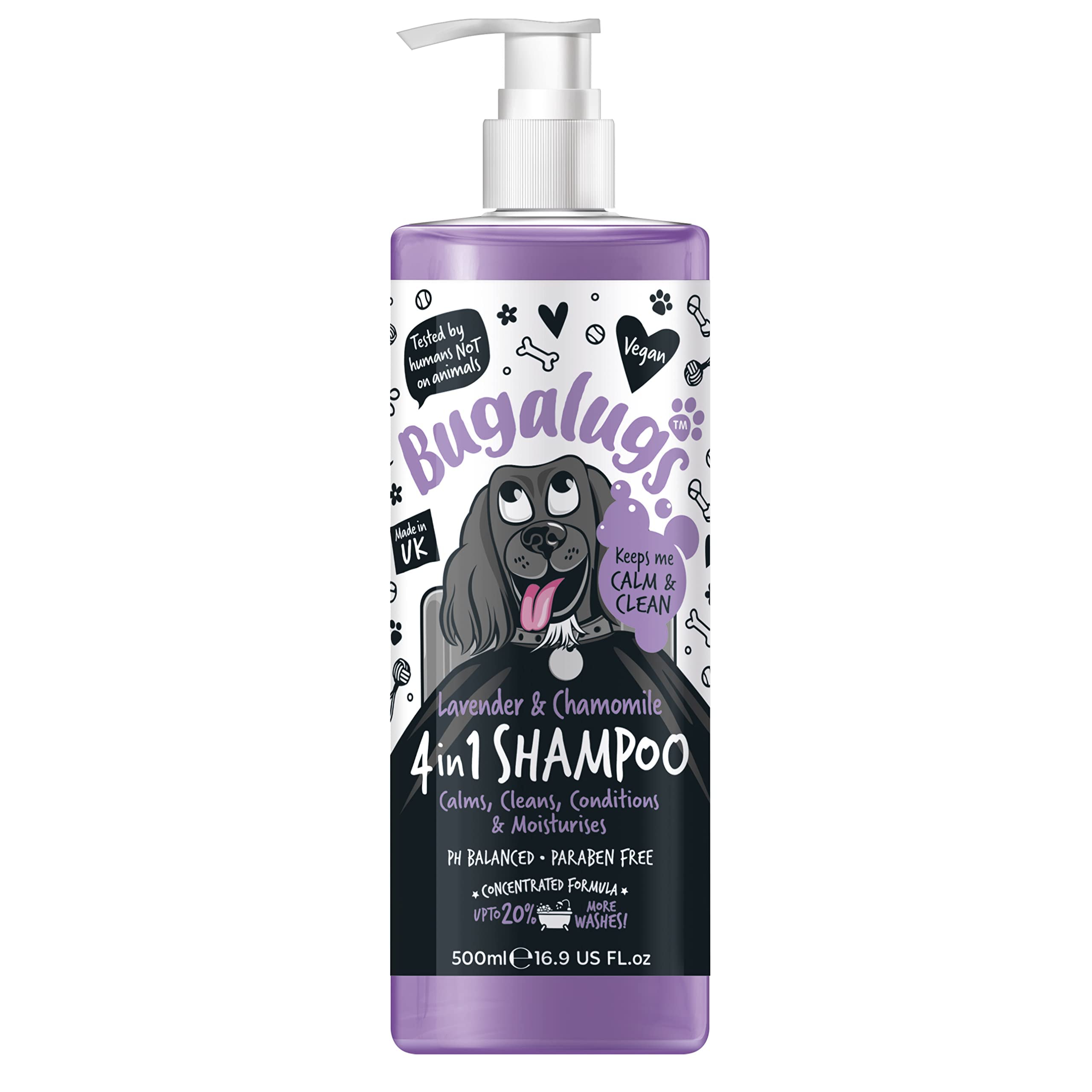 Bugalugs lavender-chamomile dog shampoo bottle with calming scent.