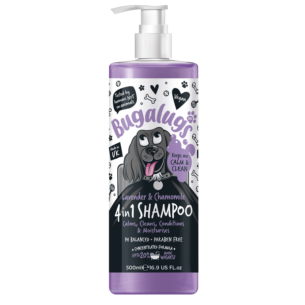 Bugalugs lavender-chamomile dog shampoo bottle with calming scent.