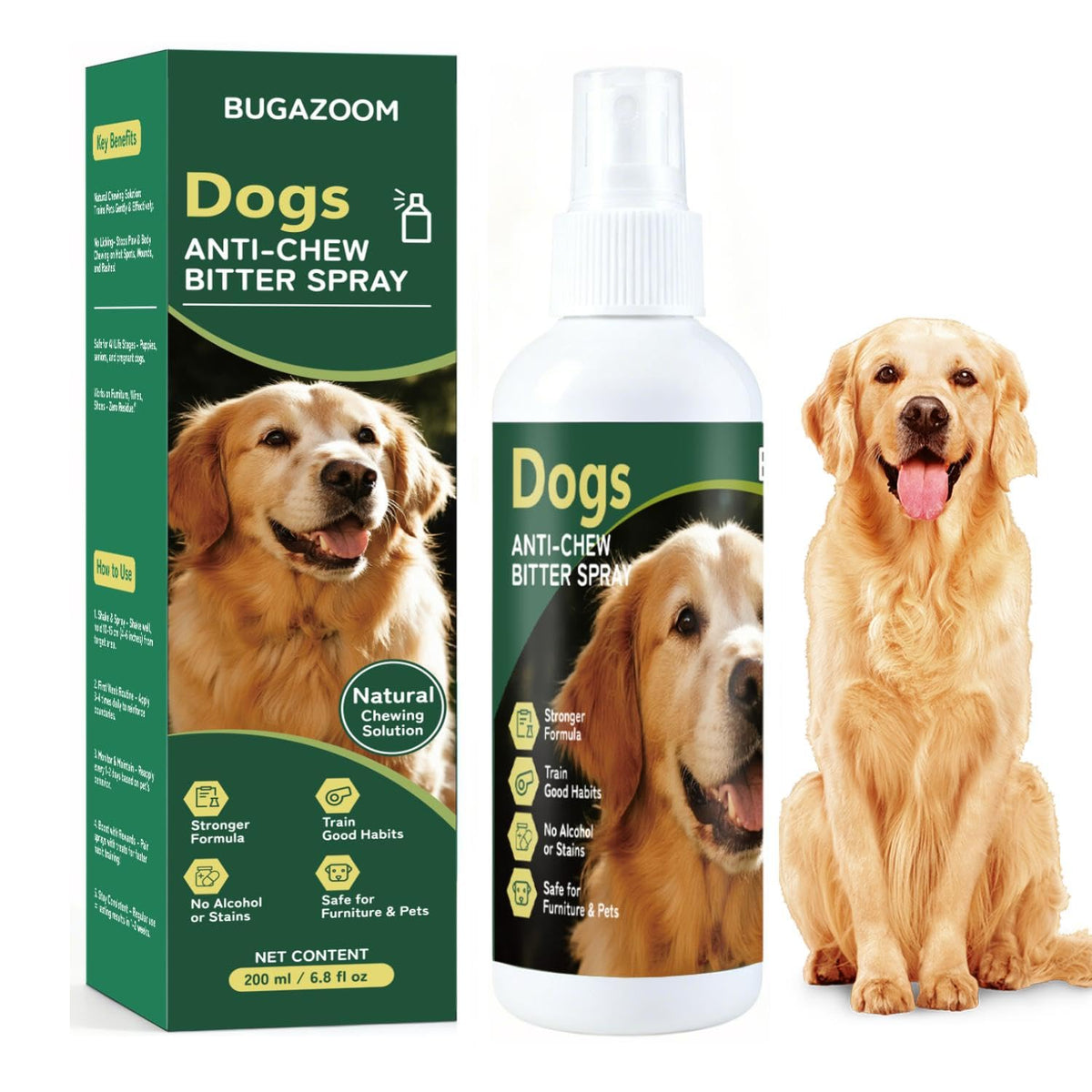 BUGAZOOM Dog No Chew Spray bottle close-up showing a humane deterrent for furniture.