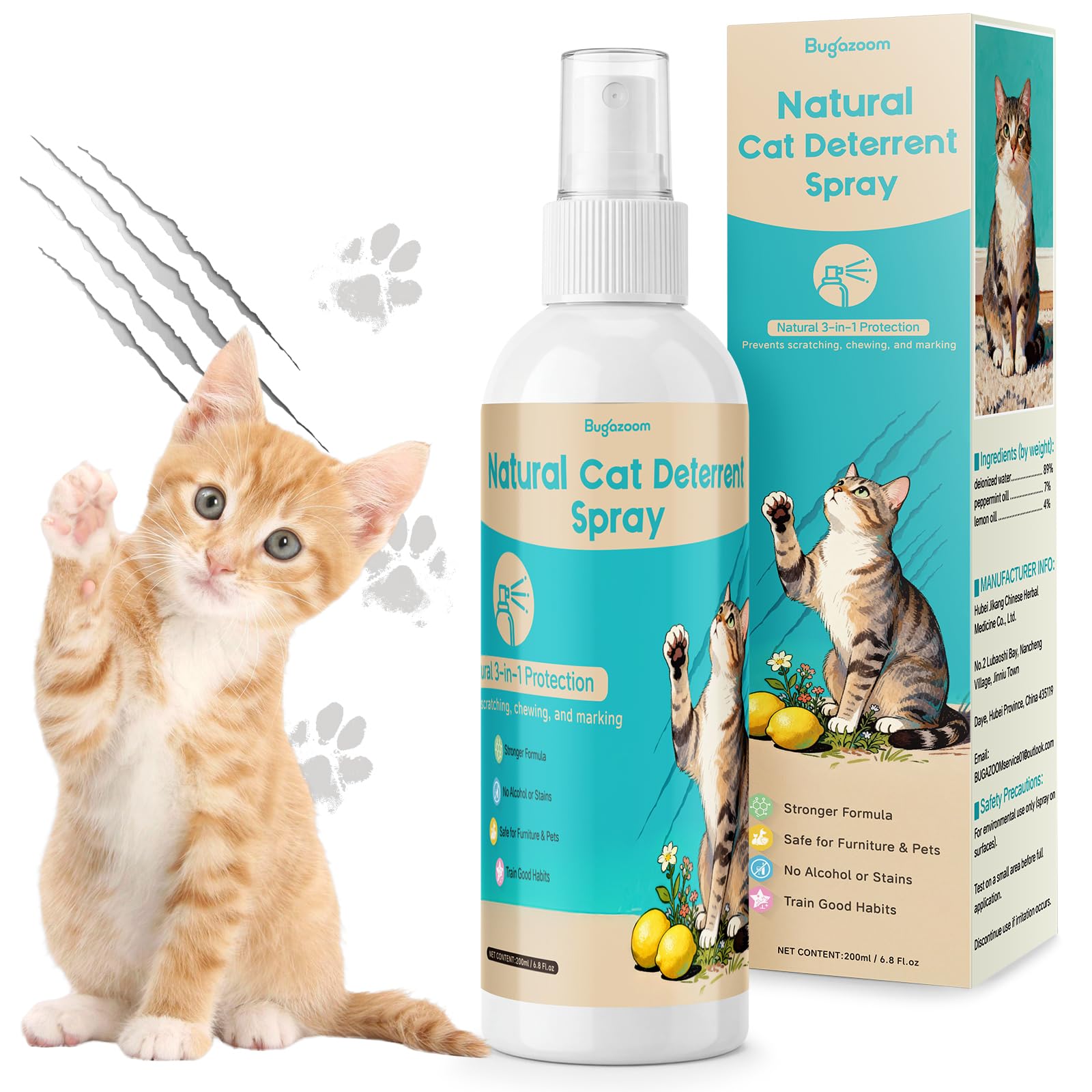 Bugazoom natural cat deterrent spray indoors protects furniture from scratches.