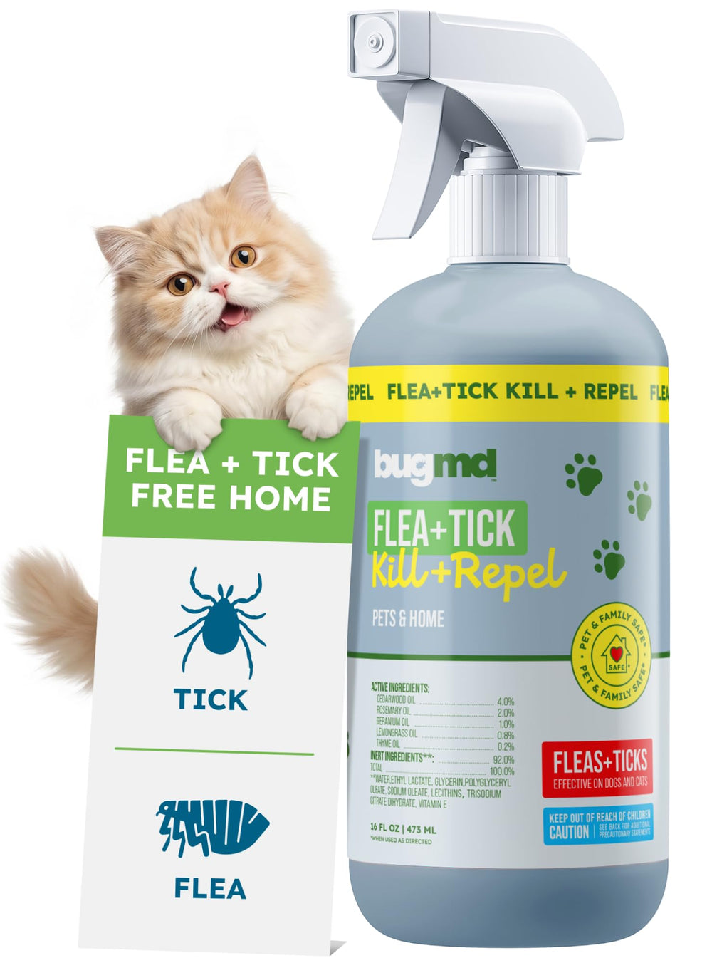 BugMD pet-safe flea spray bottle with plant-based formula for cats and home surfaces.