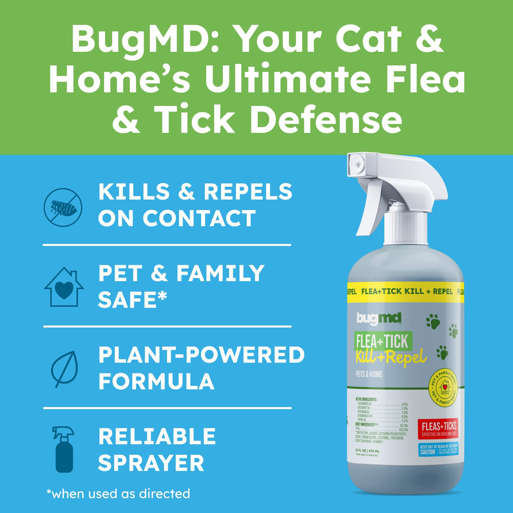BugMD flea spray mist showing adjustable nozzle for fine, controlled application.