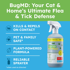 BugMD flea spray mist showing adjustable nozzle for fine, controlled application.