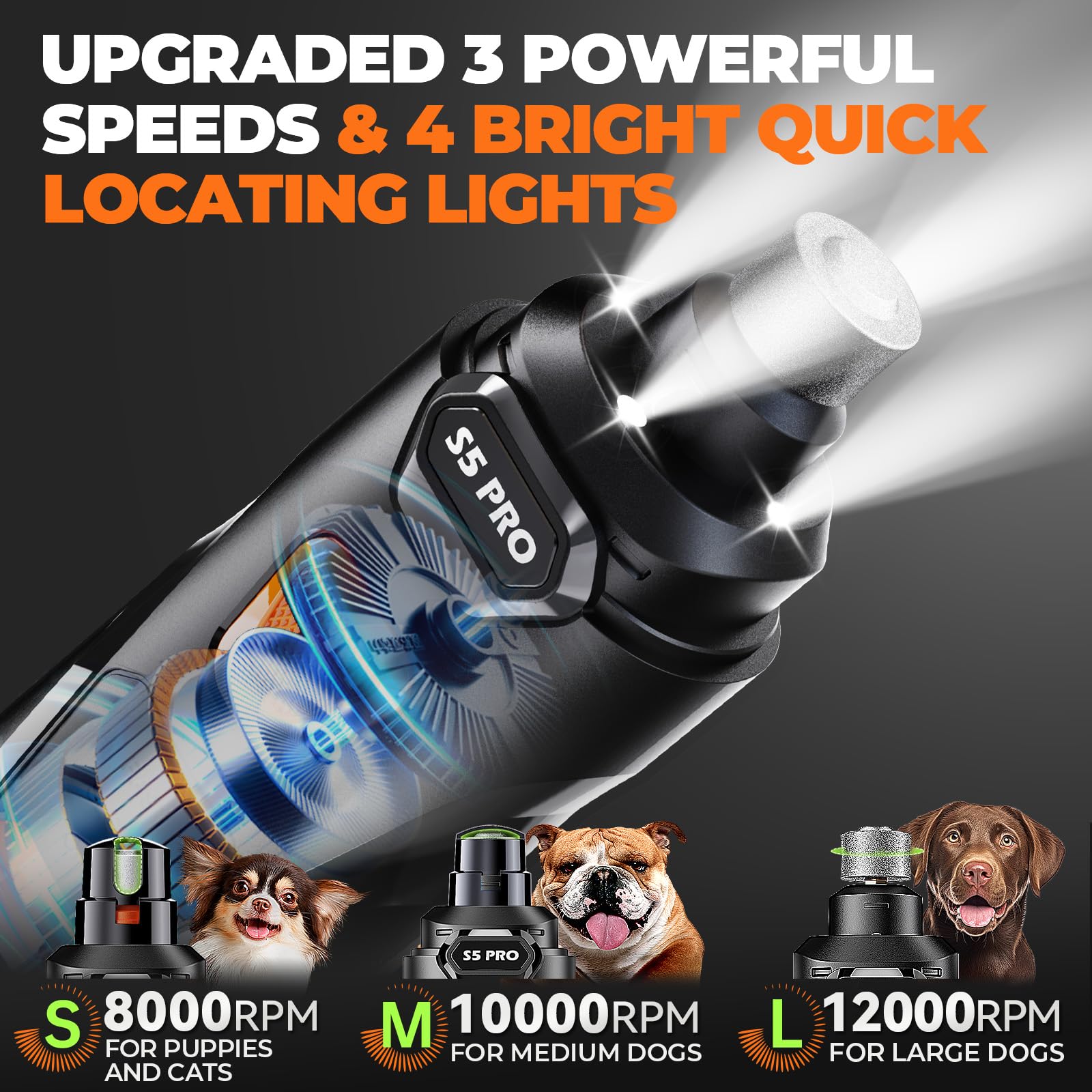 Built-in LED lights illuminate nails to prevent over-cutting.