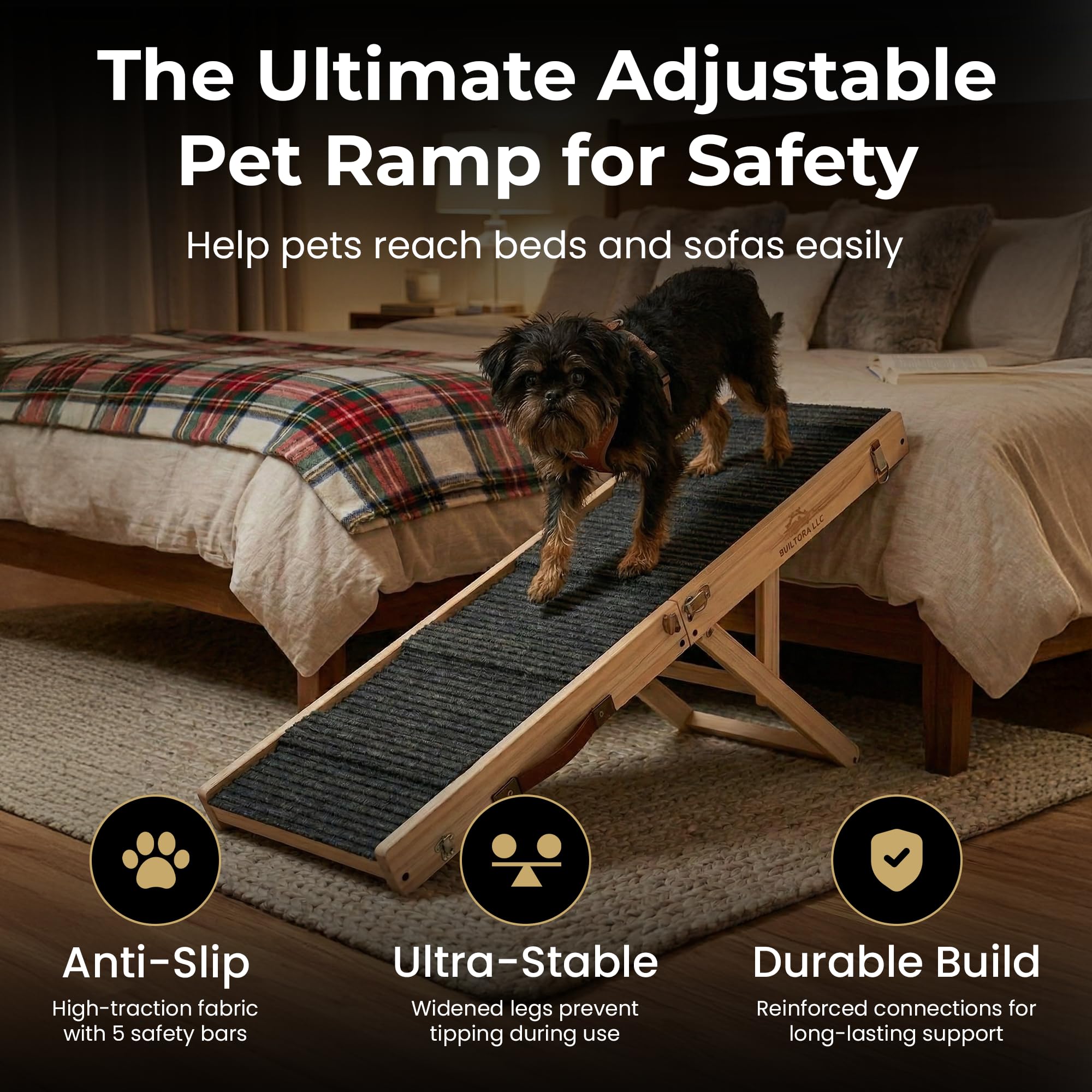 Builtora dog ramp with hair-removal surface for quick cleaning.