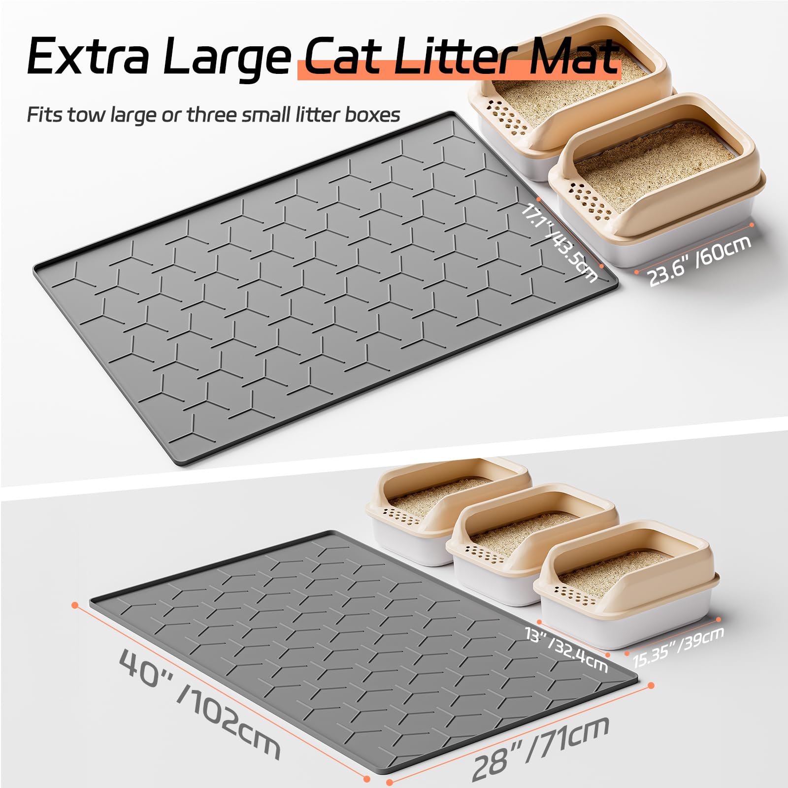 Bulkniu 28x40 silicone cat litter mat covers a wide area for two large boxes