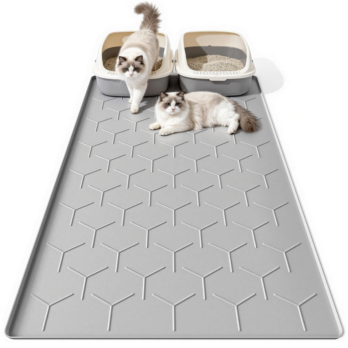 Bulkniu extralarge silicone cat litter mat covers two boxes for cleaner floors.