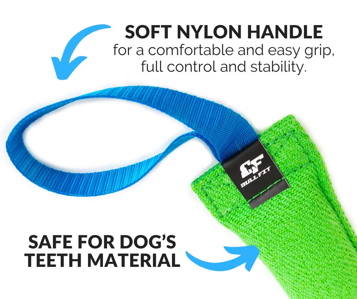 Bull Fit K9 dual-handles tug in action for training and fetch sessions.