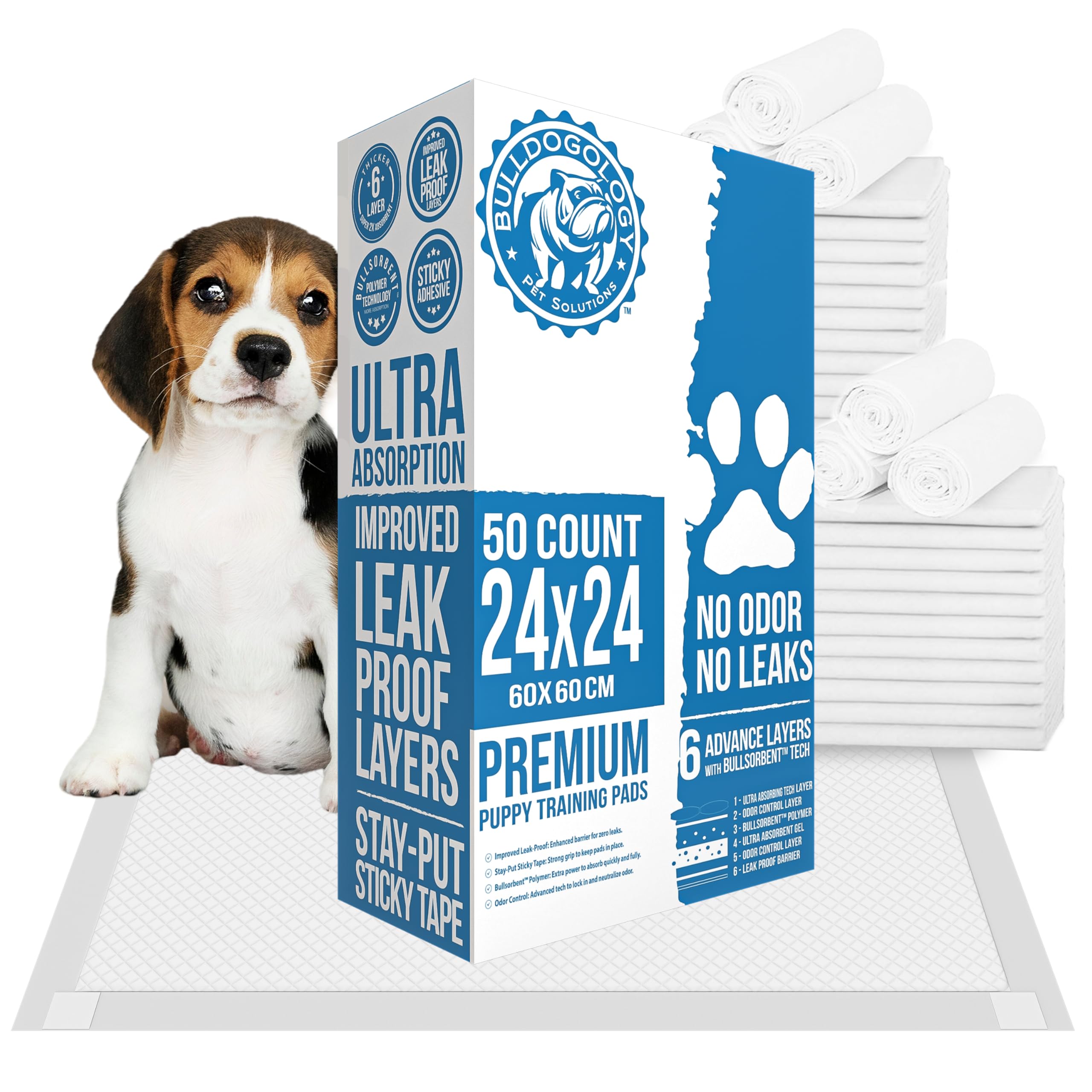 Bulldogology 50-count puppy pads pack shot for large 24x24 surface.