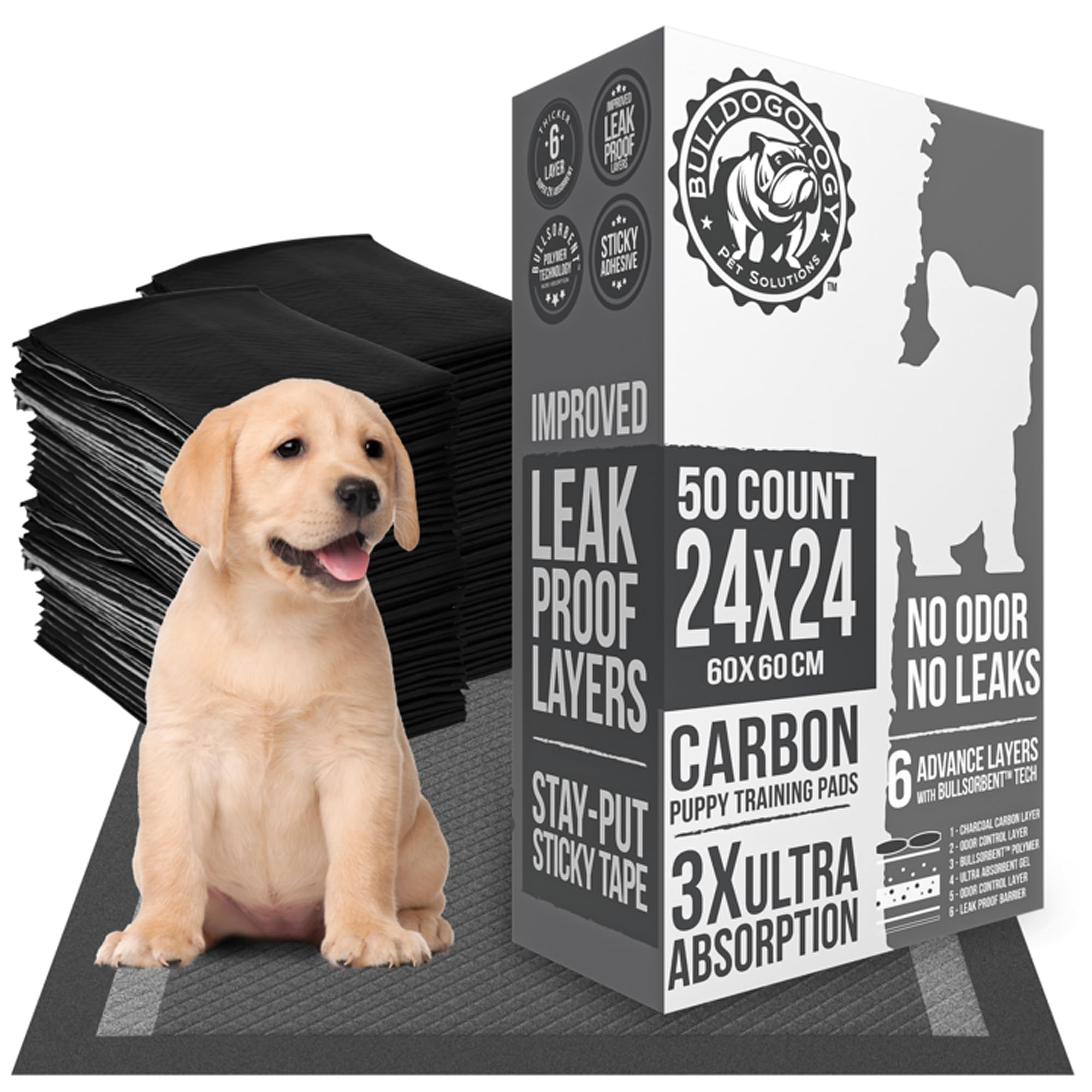 Bulldogology carbon black dog pads 50-count pack for reliable absorption.