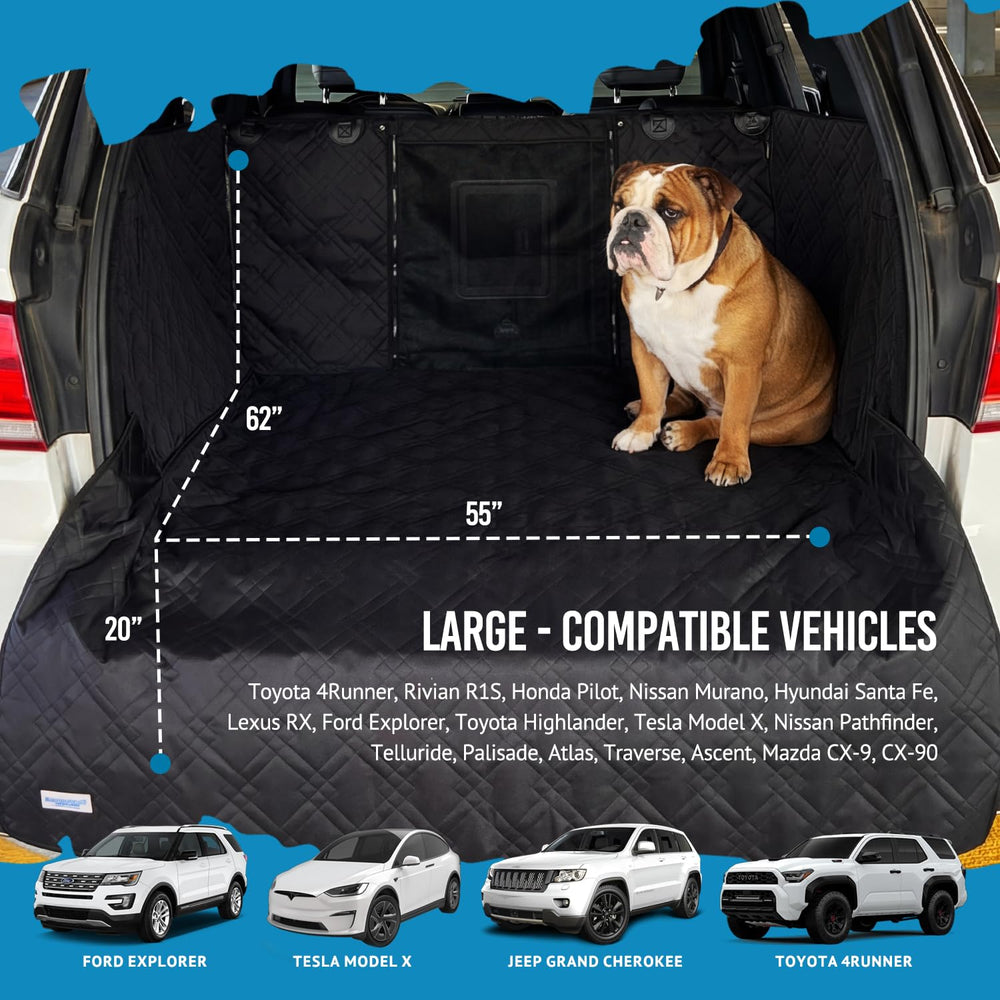Bulldogology dog-trunk-mat with side protectors prevents scratches and pet hair transfer